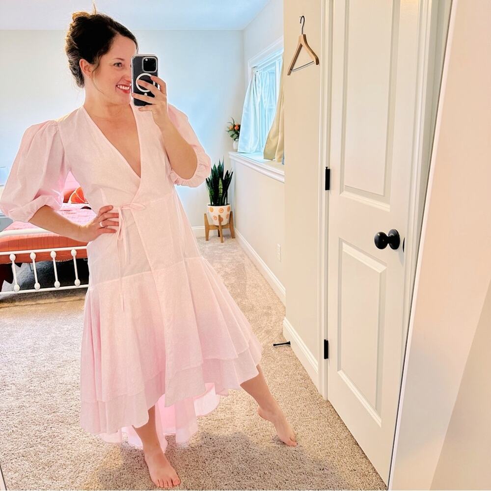 NWT GANNI Pink White Floral Poplin Wrap Maxi Dress 36 Small